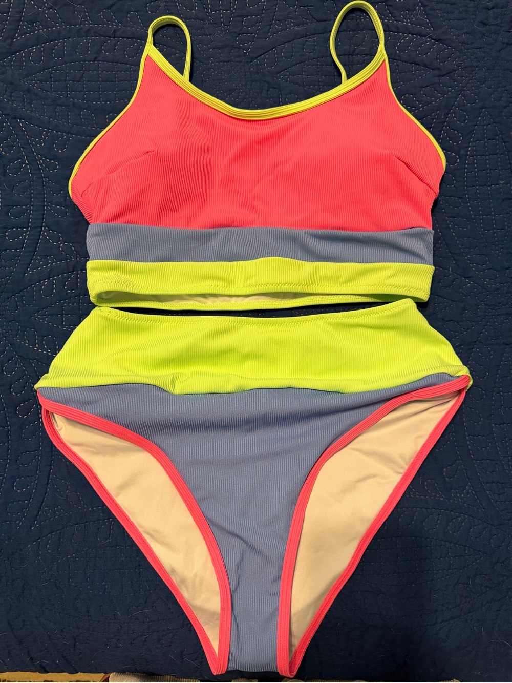 Neon Colorblock High-Waist Bikini - Coral, Lime & Blue-Gray